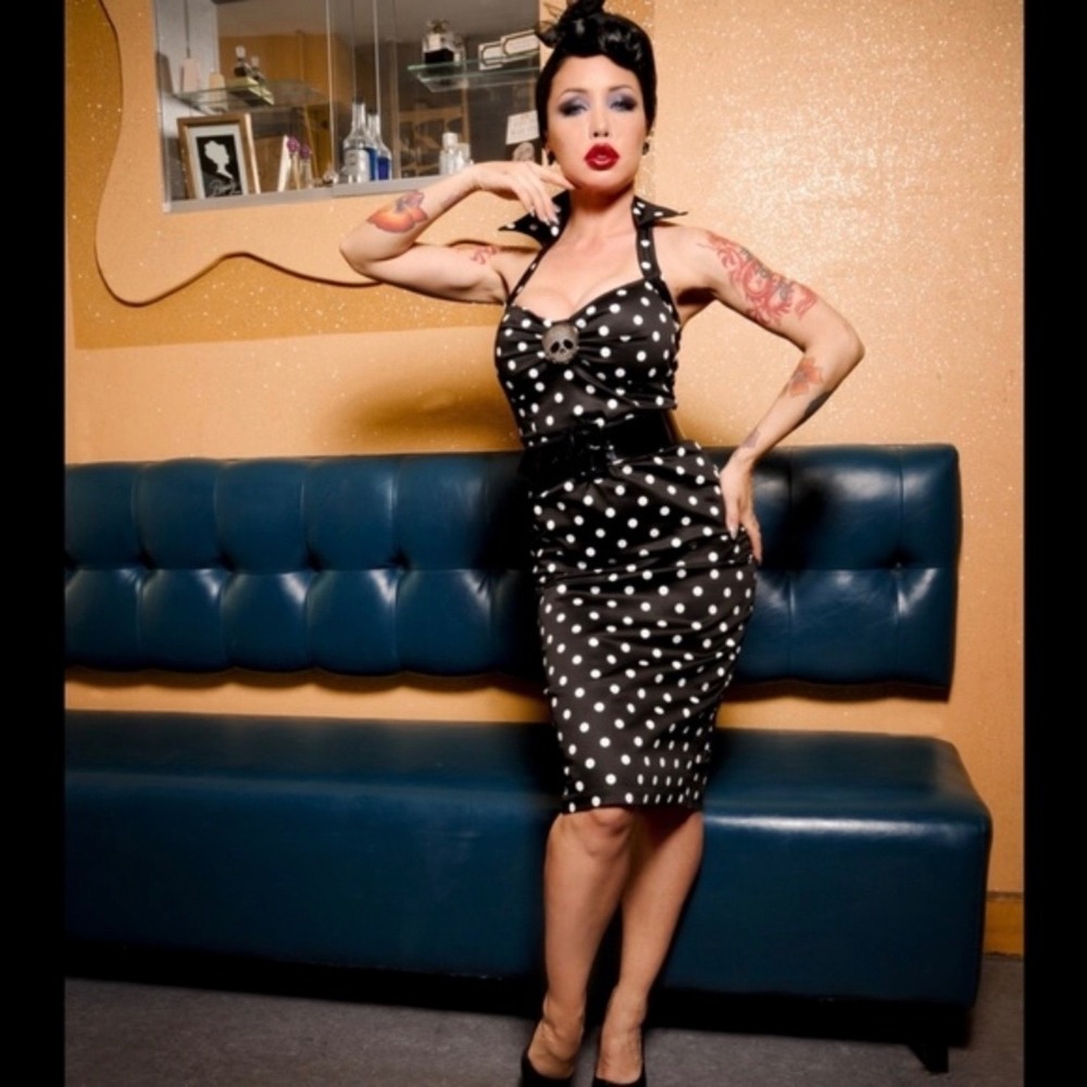 Deadly Dames Kiss Me Deadly Black White Polka Dot Collared Midi Dress 2X Pinup